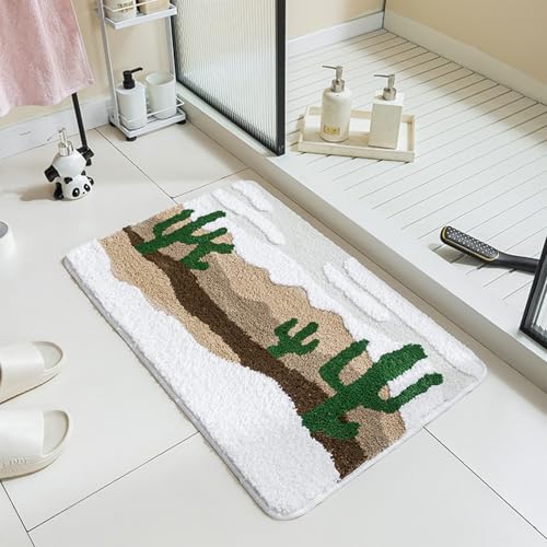 Teppich Wohnzimmer Waschbarer Badteppich Kaktus Motiv Weicher Plüsch Badematte mit Anti-Rutsch Unterseite Maschinenwaschbar Ideal für Badezimmer,Dusche,Wanne (50 * 80cm) von Peiaw
