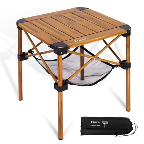 Peirhw Leichter Aluminium-Klapptisch, quadratisch, aufrollbar, tragbarer Campingtisch, kleiner Klapptisch, Metall für Strand, Picknick, Hinterhöfe, Zelt (Holzmaserung, 40,1 x 40,1 x 40,1 cm) von Peirhw