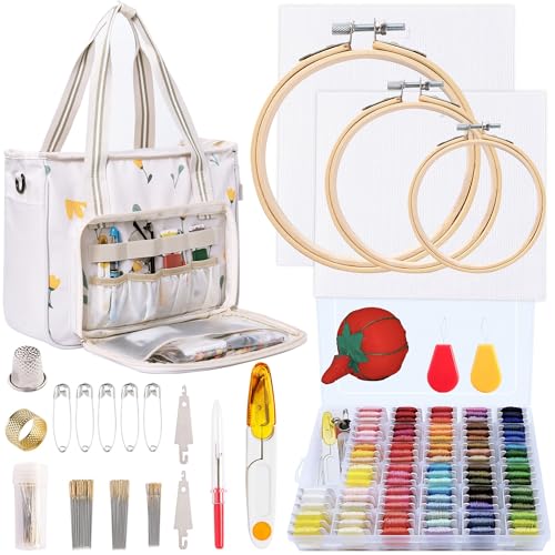 Peirich Stickerei Kit, Stickerei Projekt Tasche mit Stickseide Stickerei Hoop Aida Tuch, Stickerei Zubehör Aufbewahrungstasche und Kreuzstich Kits für Anfänger, Erwachsene von Peirich