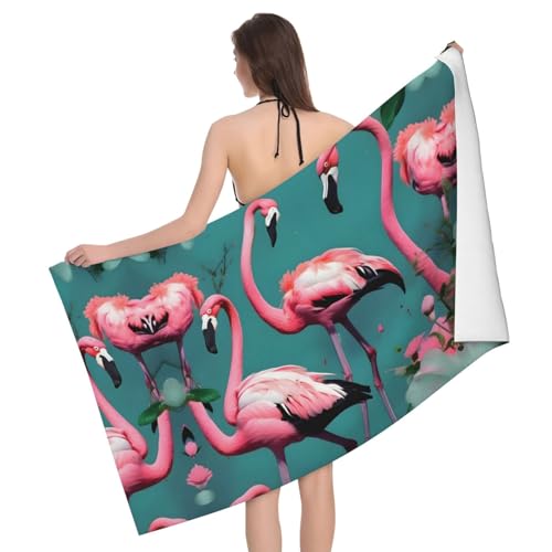 Flamingo Flowers Ultraweiches und saugfähiges Badetuch – einseitig bedrucktes Handtuch aus 100% Polyester-Mikrofasermaterial für Badezimmer, Strand, Reisen und Outdoor von Peiyeety