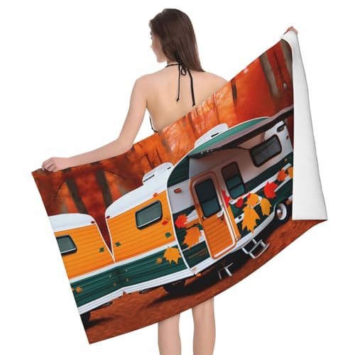 Happy Fall Camper Leaf Ultraweiches und saugfähiges Badetuch – einseitig bedrucktes Handtuch aus 100% Polyester-Mikrofasermaterial für Badezimmer, Strand, Reisen und Outdoor von Peiyeety