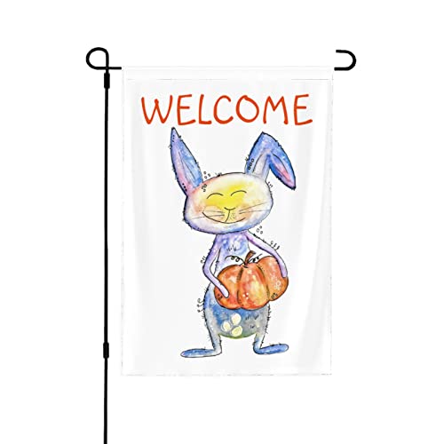 Niedlicher, skurriler Hase, der einen Kürbis hält, Gartenflagge, doppelseitige Gartenflagge, Hof- und Außendekoration, 31,8 x 45,7 cm von Peiyeety