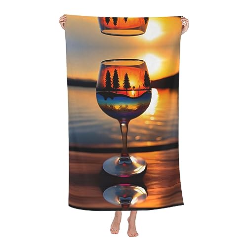 Peiyeety Strandtücher mit Sonnenuntergang, Weinglas-Druck, für Erwachsene, großes Badetuch für Damen, Kinder, Herren, 81,3 x 132 cm, Pool, Strand, Bad, Fitnessstudio, Handtuch von Peiyeety