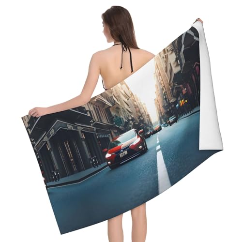 Rotes Auto- und Fahrrad-Badetuch, besonders weich und saugfähig – einseitig bedrucktes Handtuch aus 100% Polyester-Mikrofasermaterial für Badezimmer, Strand, Reisen und den Außenbereich von Peiyeety