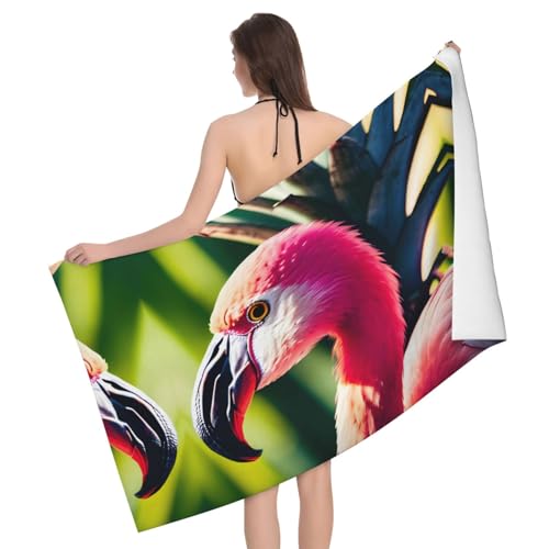 Tropische Flamingos und Kiefern, ultraweiches und saugfähiges Badetuch – einseitig bedrucktes Handtuch aus 100% Polyester-Mikrofasermaterial für Badezimmer, Strand, Reisen und Outdoor von Peiyeety