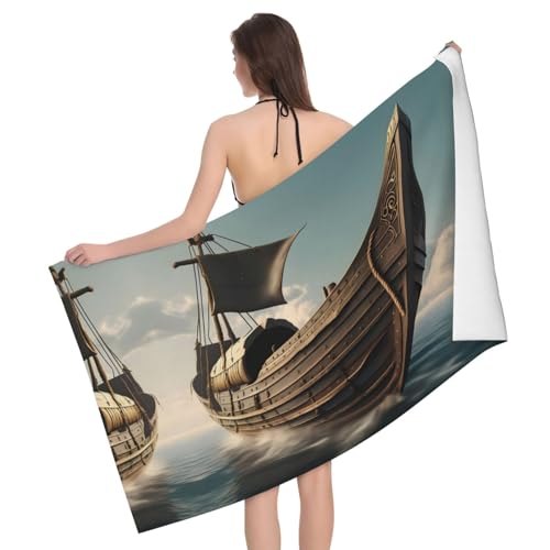 Ultraweiches und saugfähiges Badetuch „Old Viking Boat – einseitig bedrucktes Handtuch aus 100% Polyester-Mikrofasermaterial für Badezimmer, Strand, Reisen und den Außenbereich von Peiyeety
