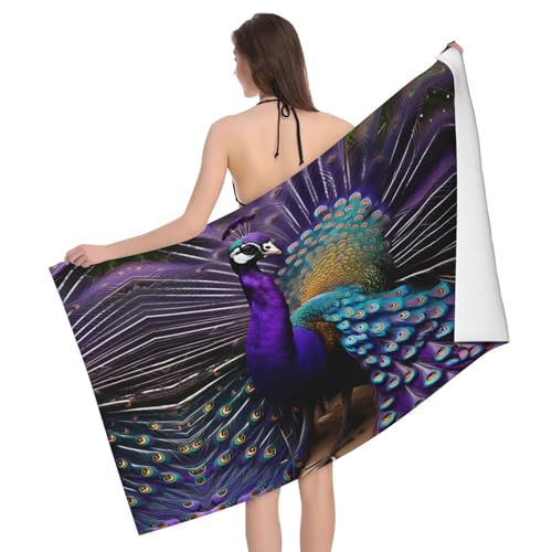Ultraweiches und saugfähiges Badetuch „Purple Peacock – einseitig bedrucktes Handtuch aus 100% Polyester-Mikrofasermaterial für Badezimmer, Strand, Reisen und den Außenbereich von Peiyeety