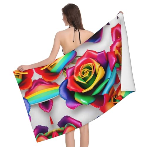 Ultraweiches und saugfähiges Badetuch mit Regenbogen-Rosenblume – einseitig bedrucktes Handtuch aus 100% Polyester-Mikrofasermaterial für Badezimmer, Strand, Reisen und den Außenbereich von Peiyeety
