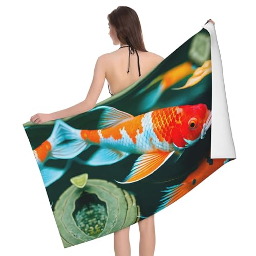 Ultraweiches und saugfähiges Badetuch mit hübschem Koi-Fisch – einseitig bedrucktes Handtuch aus 100% Polyester-Mikrofasermaterial für Badezimmer, Strand, Reisen und Outdoor von Peiyeety