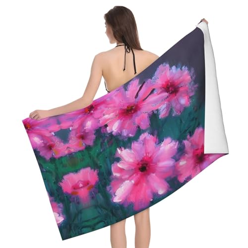 Ultraweiches und saugfähiges Badetuch mit rosa Blumen – einseitig bedrucktes Handtuch aus 100% Polyester-Mikrofasermaterial für Badezimmer, Strand, Reisen und den Außenbereich von Peiyeety