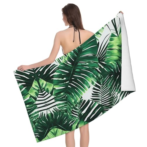 Ultraweiches und saugfähiges Badetuch mit tropischen Palmen und Bananenblättern – einseitig bedrucktes Handtuch aus 100% Polyester-Mikrofasermaterial für Badezimmer, Strand, Reisen und den Außenberei von Peiyeety