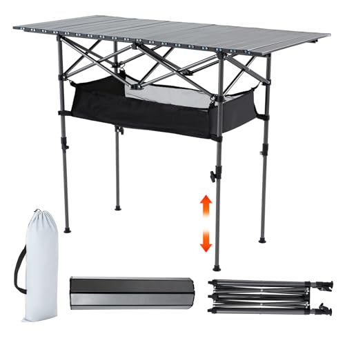 Campingtisch klappbar, Klapptisch Camping Tisch für 4-6 Personen Outdoor Faltbar Gartentisch mit Netzablage Aufbewahrungstasche Höhenverstellbarer Falttisch mit aufrollbarer Tischplatte & Tragetasche von Pejevir