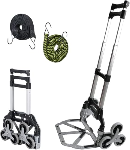 Sackkarre Treppensteiger Klappbar, Pejevir Transportkarre Aluminium bis 125 kg, Faltbare Treppenkarre 3x3 Treppensteiger Rädern, 2 Expanderseil, Verstellbarem Griff, Ladefläche mit Anti-Rutsch-Pads von Pejevir