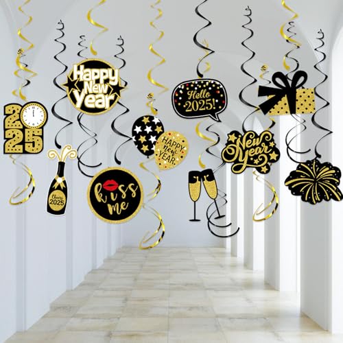 Silvester Deko 2025 Hängende Wirbel,Schwarz Gold Silvester Deko Spiralen Luftschlangen Hängedeko,Happy New Year 2025 Deko Swirl Streamers 2025 Silvester Party Dekorationen für Home Indoor Outdoor von Pejlnd