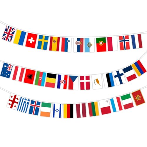10M Eurovision Song Contest 2025 Flagge Wimpelkette Outdoor,37 Länderflaggen Europäische Flagge Wimpelkette Girlande für Eurovision Song Contest Party Garten Bar Club Straße Deko,14 x 21cm von Pejlnd