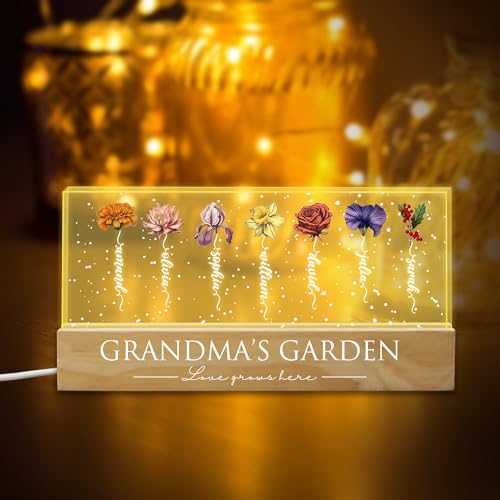 Personalisierte Omas Garten Lampe, personalisierte Geburt Blume Nachtlicht Muttertag Mama Blume Lampe Acryl Plaque, Jahrestag Geburtstag Geschenke für Mama Oma Nana von Pekdi