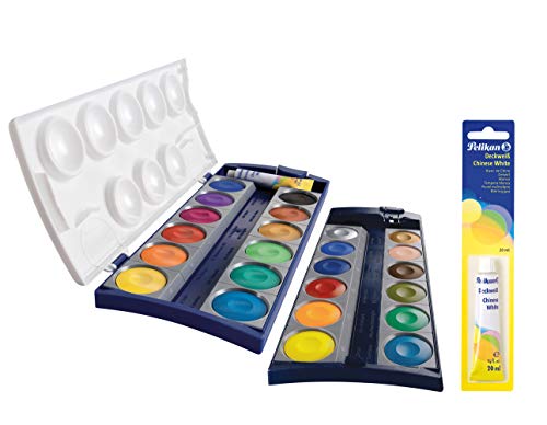 Pelikan 720631 Deckfarbkasten K24, 24 Qualitätsfarben und 1 Tube Deckweiß (7,5 ml), nach DIN 5023 (+ 1 große Tube Deckweiß extra) von Pelikan