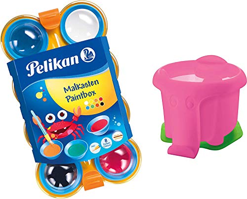 Pelikan 723122 - Mini-Friends Deckfarbkasten mit 8 Farben und 1 Pinsel (Farbkasten + Becher pink) von Pelikan