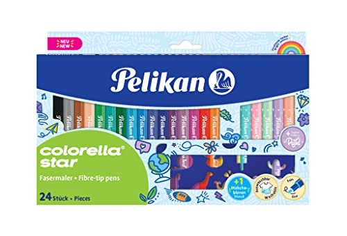 Pelikan 818087 Fasermaler Colorella Star C302, 24 Farben: 18 kräftige + 6 zarte Pastell-Töne + Ausmalschablone, 1 Etui, único von Pelikan