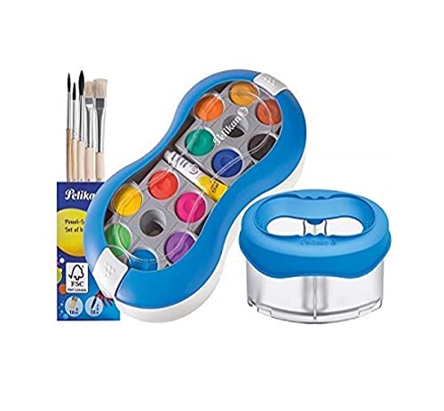 Pelikan , Aquarell, Deckfarbkasten 735 SP/12 mit 12 Farben und 1 Tube Deckweiß/Starter (blau mit Space-Wasserbecher + Pinsel-Set), 7-teilig von Pelikan