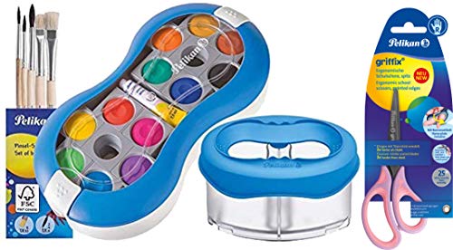 Pelikan Deckfarbkasten Space+ 735 SP/12 mit 12 Farben und 1 Tube Deckweiß/Starter-Set (blau mit Space-Wasserbecher + Pinsel-Set + Bastelschere) von Pelikan