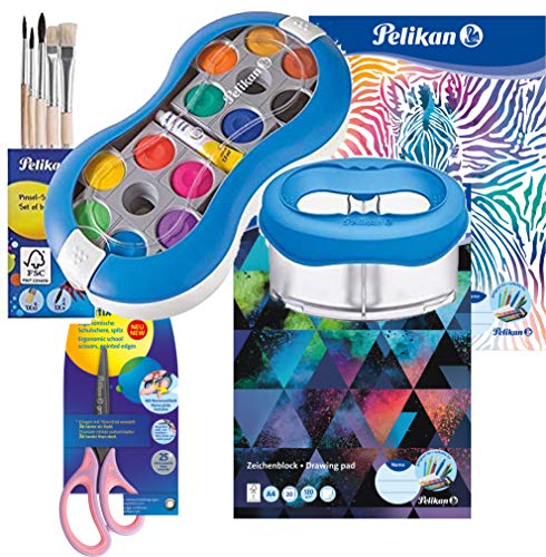 Pelikan Deckfarbkasten Space+ 735 SP/12 mit 12 Farben und 1 Tube Deckweiß/Starter-Set (blau mit Space-Wasserbecher + Pinsel-Set + Bastelschere + 2 Malblöcke) von Pelikan