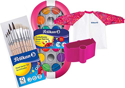 Pelikan Pink Space Farbkasten mit 12 Farben und 1 Deckweiß (im Set mit einem farblich passendem Special Limited Wasserbecher + großem Pinsel-Set + Schürze) von Pelikan