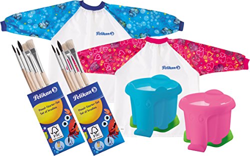 Pelikan Wasserbecher im Elefanten-Design mit Pinselhalter/gemischtes Doppelset (1 x Becher + Malschürze Blau, 1 x Becher & Malschürze Pink + 2 x 5er Pinsel-Set) von Pelikan