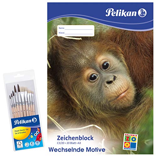 Pelikan Zeichenblock A3 mit Tiermotiven (sortiert - keine Motivwahl möglich), 100 g/m², 20 Blatt - Kombi-Set (A3 Zeichenblock + 10er Pinsel-Set) von Pelikan