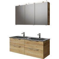 Saphir Badmöbel-Set "Serie 6025 2-teilig Mineralmarmor-Waschtisch mit LED-Spiegelschrank", (2 St.), Waschplatz 132cm breit, 4 Schubladen, 2 Spiegel-Türen, inkl Türdämpfer von Saphir