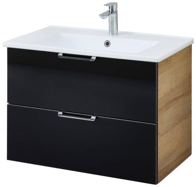 Pelipal Bad-Waschtischunterschrank mit Keramikwaschtisch Münster Riviera Eiche Dekor schwarz 75 x 54 cm von Pelipal