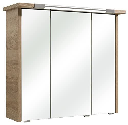 Pelipal Badezimmer-Spiegelschrank Quickset 382 in Eiche Natur quer Nachbildung mit LED-Beleuchtung, 75 cm breit | Badschrank mit Spiegel, 3 Türen, LED-Kranzbeleuchtung und 6 Einlegeböden von Pelipal