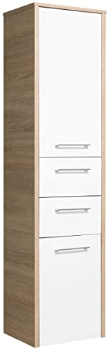 Pelipal Badezimmerschrank Quickset 382 in Weiß Hochglanz/ Eiche Natur quer Nachbildung, 40 cm breit | Halbhoher Midischrank mit 2 Türen, 2 Schubkästen und 3 Einlegeböden von Pelipal