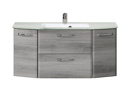 Pelipal Waschtischunterschrank Quickset 328 mit Waschtisch in Graphit Struktur Quer Nachbildung, 112 cm breit | Waschplatz mit 2 Drehtüren, 1 Klappe und 1 Auszug, Mittel von Pelipal