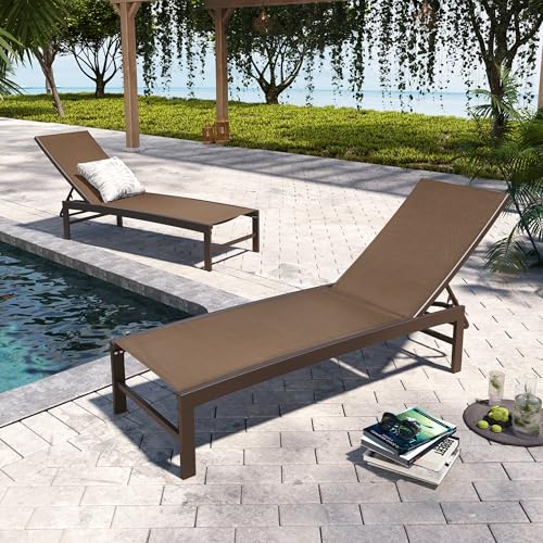 Pellebant Aluminium-Loungesessel für den Außenbereich, 2er-Set – Poolstühle und Lounges für den Pool, wasserdichter Terrassenstuhl mit 5 Positionen Rückenlehne, Braun von Pellebant