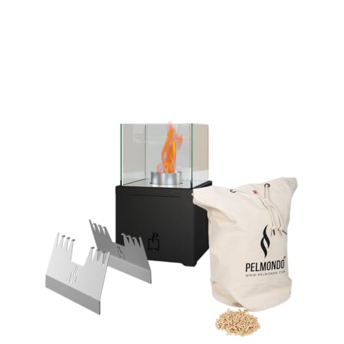 Pelmondo® Q-Style Set Tischfeuer – Kompakte und Rauchfreie Outdoor-Feuerstelle - betrieben mit Holzpellets - ideal für Balkon und Terrasse - Made in Austria von Pelmondo