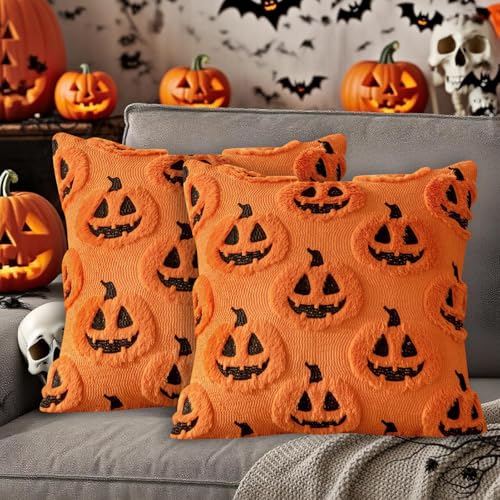 Pemarcy Halloween Kissenbezug 45x45cm Plüsch 2er Set Gruselige Kürbis Fledermaus Design Für Herbst Wohnzimmer Party (A) von Pemarcy