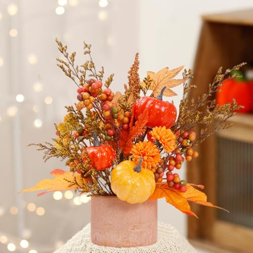 Pemarcy Herbst Tischdekoration Mit LED Lichterkette Künstliche Topfpflanze Ahornblätter Kürbis Beeren Weizenähren Für Herbst Halloween Thanksgiving Home (A) von Pemarcy