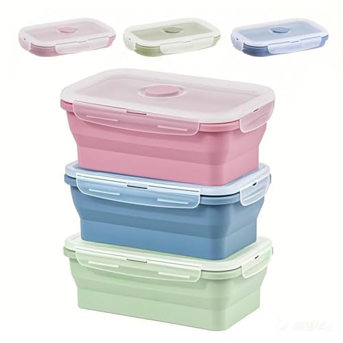 3 Stück Silikon Faltbare Brotdose, 550ml Frischhaltedosen mit Deckel,Bento Box brotbox brotdosen set,Faltbare Frischhaltedosen Behälter für Mikrowelle,Lunchbox jausenbox,meal prep dosen von Penbinmall