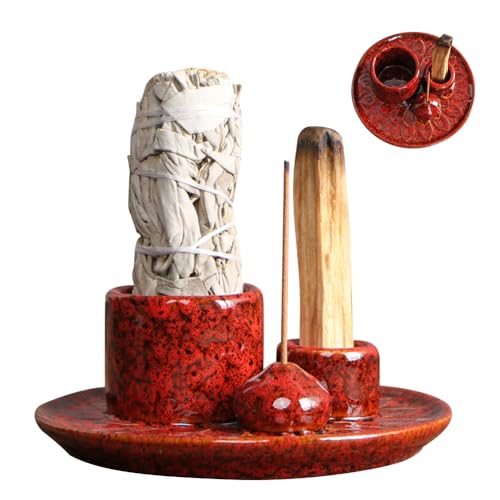 4 in 1 Keramik Räucherschale für Palo Santo, jedes Räucherwerk, Weißer Salbei Räuchern, Räucherstäbchen und Kerzenhalter, Keramik Aschefänger Tablett für Yoga/Meditation (Rot) von Penbinmall