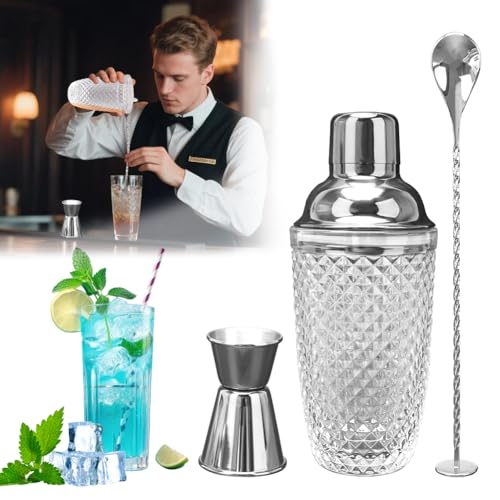 Cocktail Shaker, Cocktail Mixer, Shaker Edelstahl Cocktails - Glas Cocktailshaker, Edelstahl Deckel,Integriertem Sieb, Shaker für Cocktails Mixer löffel 3 Teiliges Barkeeper (Diamantform-Silber) von Penbinmall