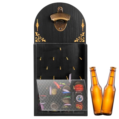 Flaschenöffner Wand Magnet, Flaschenöffner Holz mit Auffangbehälter - Magnetischer Bieröffner Wand mit Kronkorken Sammler, Bierflaschenöffner, Lustige Geschenke für Männer (Schwarz) von Penbinmall