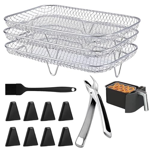 Luftfritteusen Regal aus 304 Edelstahl Air Fryer Racks - 3 lagig Heißluftfritteuse Zubehör Stapelbares Luftfritteusen Regal mit 8 Silikonfüßen,1 Pinzette,1 Bürste für Ofen Airfryer Zubehör Quadratisch von Penbinmall