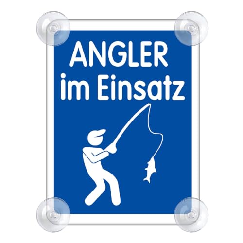 Angler Im Einsatz Schild für Auto mit 4x Saugnapf - Angeln fischen Saugnapfschild aus Acrylschild - Angler Im Einsatz Autoschild für Windschutzscheibe 90x120mm von PengBoy
