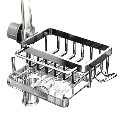 PengGengA Wasserhahn Lagerregal Küchenarmatur Schwammhalter Spülbecken Organizer Hängend Spüllappenhalter mit Abnehmbarer Abtropfschale Wasserhahn Ablauf Rack von PengGengA