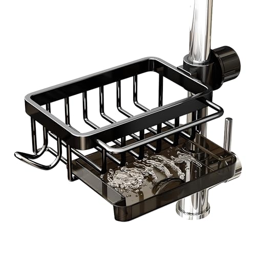 PengGengA Wasserhahn Lagerregal Küchenarmatur Schwammhalter Spülbecken Organizer Hängend Spüllappenhalter mit Abnehmbarer Abtropfschale Wasserhahn Ablauf Rack von PengGengA