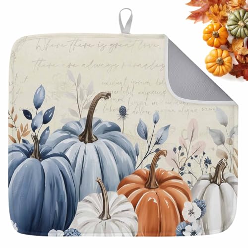 Abtropfmatte für den Herbst, Orange, Blau, Kürbis, Erntedankfest, Trocknungsmatte für Küchentheke, Eukalyptusblätter, saugfähig, Mikrofaser, schnell trocknend, Herbstgeschirr, Abtropfgestell von Pengeelia