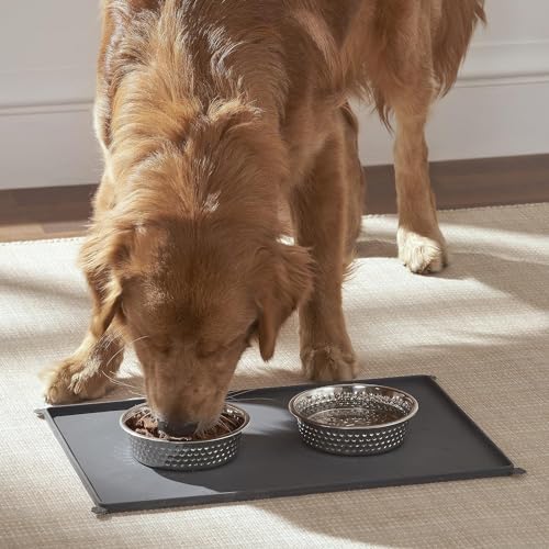 Penguin Home 2er-Pack Edelstahl-Haustiergrau mit schwarzer Futtermatte Komplettlösung für die Mahlzeit, rutschfest und wasserdicht für Hunde und Katzen – 700-ml-Näpfe, 53 x 37 cm Matte von Penguin Home