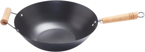 Penguin Home Wok aus Kohlenstoffstahl mit kleinen Kratzern - 35 cm breit – traditioneller chinesischer Wok mit Antihaftbeschichtung und stabilem Holzgriff mit Hilfsgriff - induktionsgeeignet, schwarz von Penguin Home