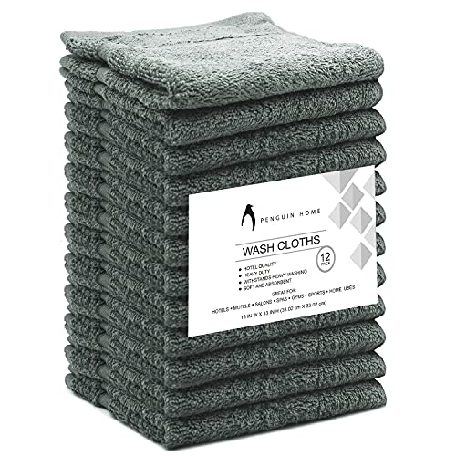 Penguin Home 100% Baumwolle Frottee-Gesichtstuch - Maschinenwaschbar, Dicker und Plüsch Waschlappen, Luxus Spa- oder Badezimmer-Handtuch, Weiß, 33 x 33 cm, 12er Pack, 3887, Grau von Penguin Home